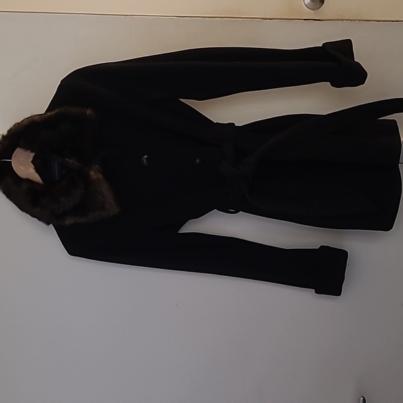 Anne Klein Black Trench Coat with Faux Fur Collar size L - Picture 10 of 10